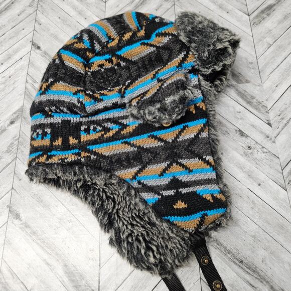 LIDS Trapper Hat Adult Aztec Southwestern Knit Sherpa Quilt Blue Black - Picture 1 of 5